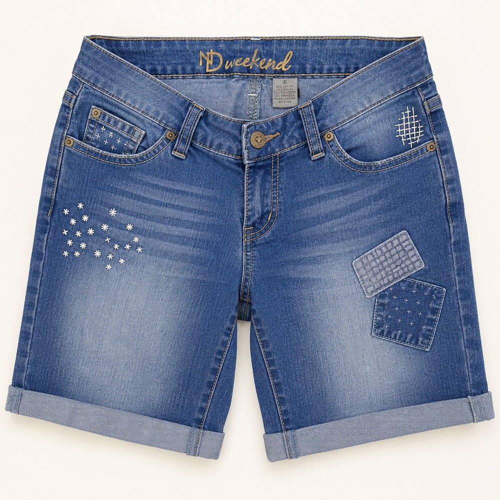 Y2K ND Weekend Denim Bermuda Shorts Womens 6 Blue Embroidered Cuffed Medium Wash